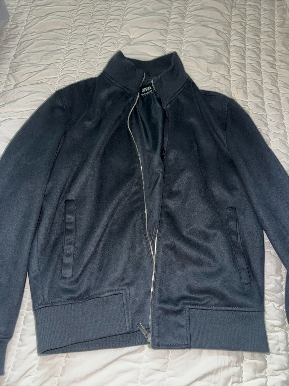 Zara Men Dark Navy Full-Zip Bomber Jacket